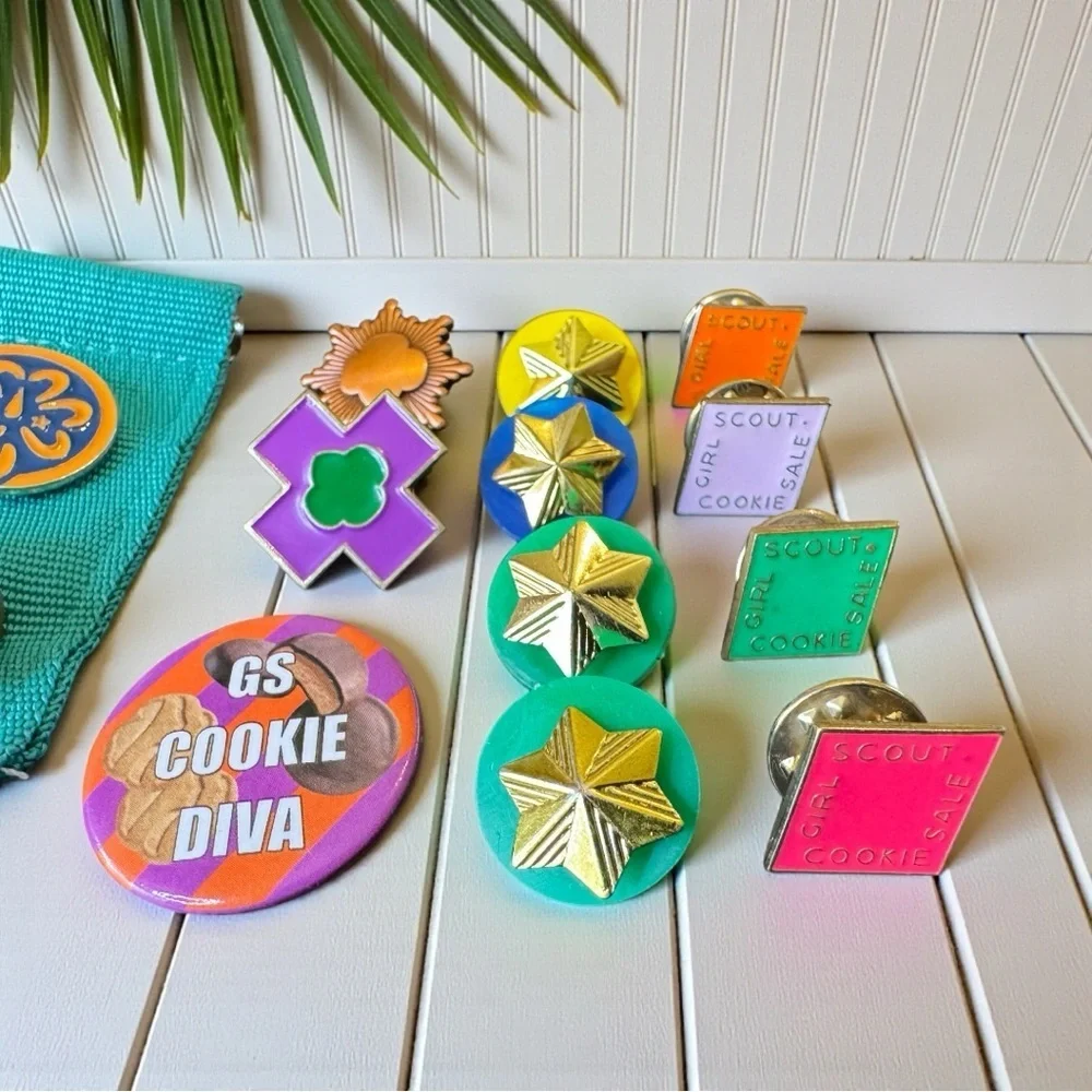 Vintage Girl Scouts Pin & Badge Lot | Cookie Sale Pins, Stars, Banner